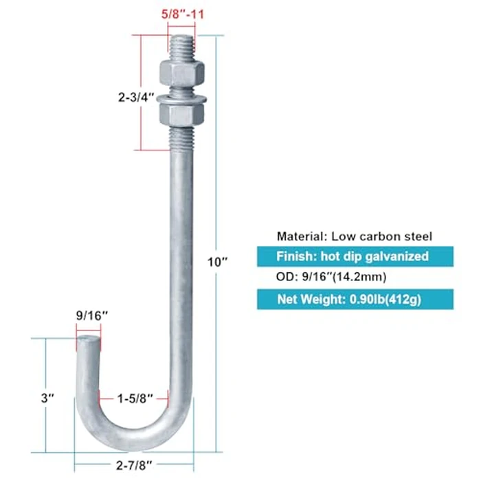 OTTFF 4 Pack 5/8"-11 x 9-7/8" J Bolt Anchor for Concrete Post Deck Fence, Hot Dipped Galvanized Steel by OTTFF - Image 2