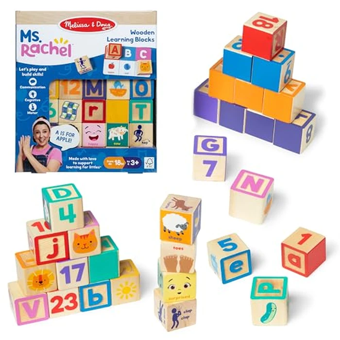 Melissa & Doug Ms. Rachel Letter, Number, and Game Wooden Learning Blocks with Activity Cards for Girls and Boys Toddlers Ages 18 Months+ - FSC Certified by Melissa & Doug - Used - Good condition - CA$14.52