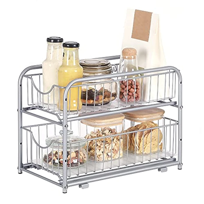 SONGMICS Pull Out Cabinet Organizer with Storage Basket Drawers, for Kitchen, Bathroom, Steel, Silver UKCS017E01 by SONGMICS - Used - Very Good condition