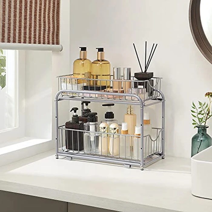 SONGMICS Pull Out Cabinet Organizer with Storage Basket Drawers, for Kitchen, Bathroom, Steel, Silver UKCS017E01 by SONGMICS - Image 3