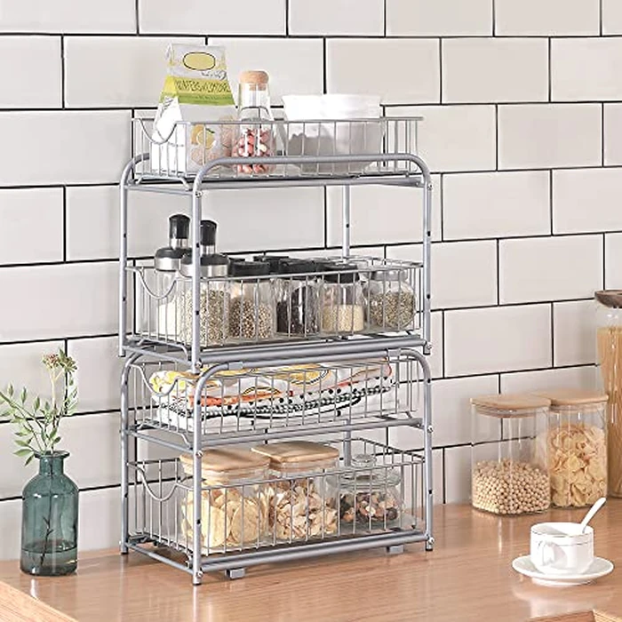 SONGMICS Pull Out Cabinet Organizer with Storage Basket Drawers, for Kitchen, Bathroom, Steel, Silver UKCS017E01 by SONGMICS - Image 5