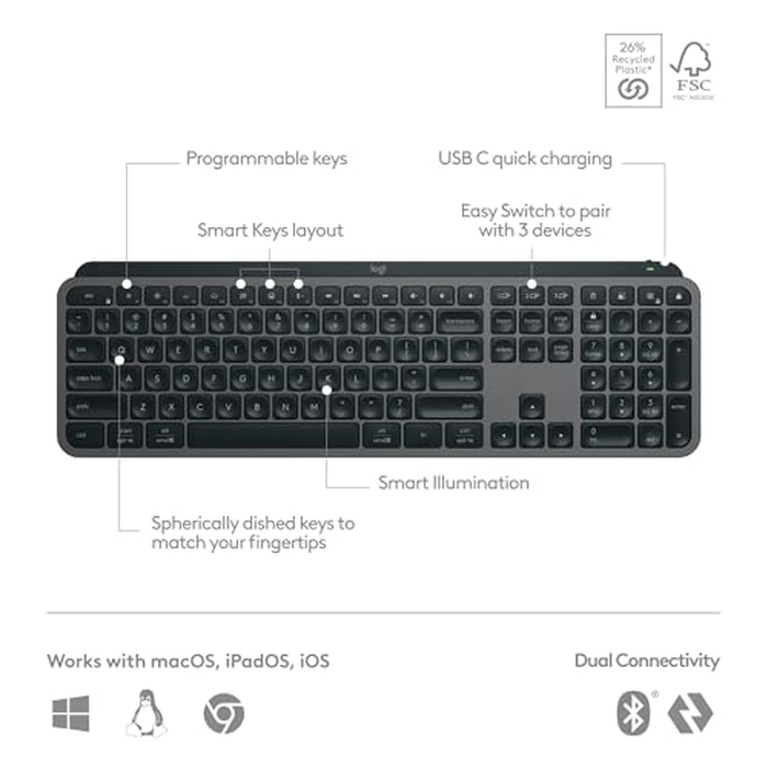 Logitech MX Keys S Wireless Keyboard, Low Profile, Fluid Precise Quiet Typing, Programmable Keys, Backlighting, Bluetooth, USB C Rechargeable, for Windows PC, Linux, Chrome, Mac - Graphite by Logitech - Image 6