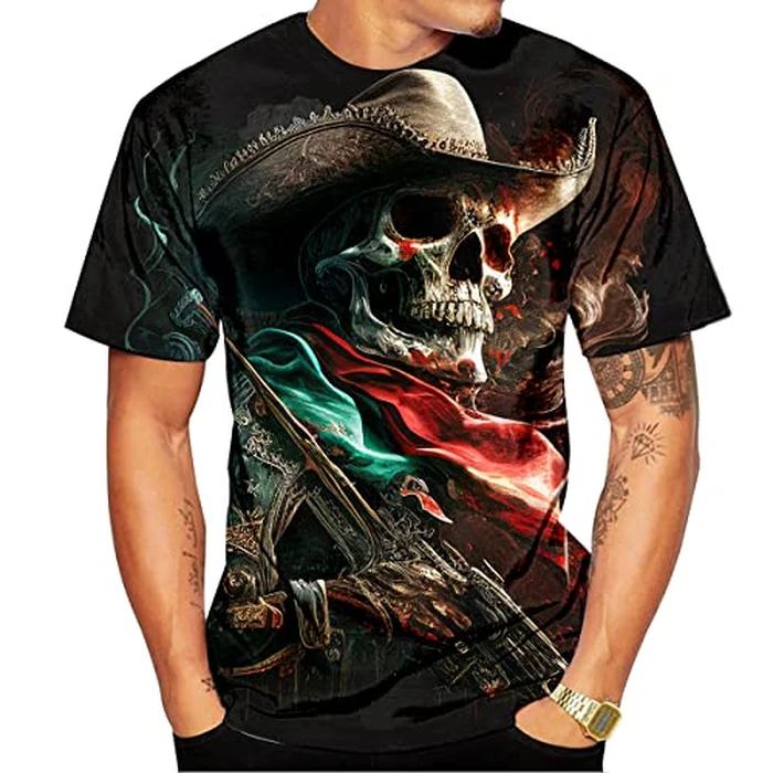 LAOLIUSN Tricolour T-Shirt for Men Summer Short Sleeve Tees Tops Mexico Theme Shirt Skull Graphic Shirt,Red,S by LAOLIUSN - Image 2