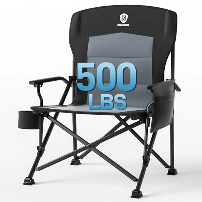 EVER ADVANCED Oversized Folding Camping Chair for Adults, Heavy Duty Lawn Chair with Side Pockets, Portable Collapsible Quad Chair for Outside, Support Up to 500lbs, Black by EVER ADVANCED - Used - Acceptable condition - US$64.99