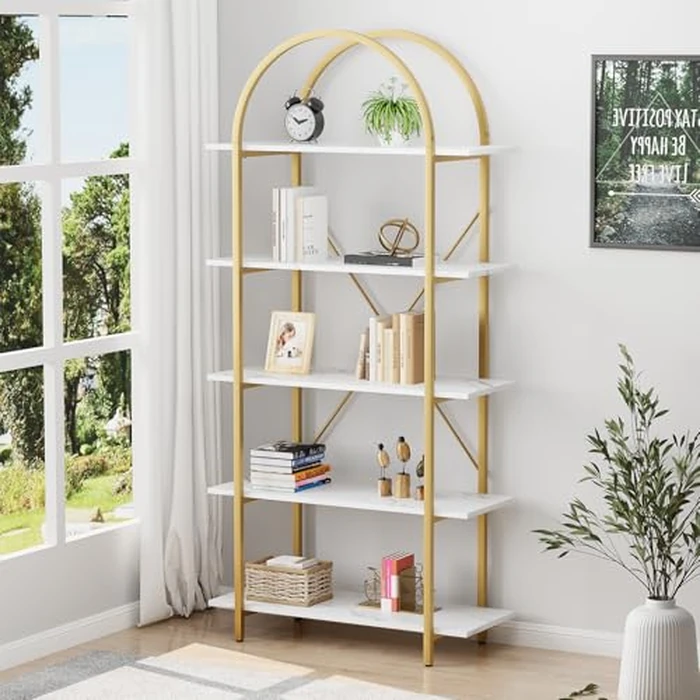 Arbuxzuy Arched Bookshelf 5 Tier Book Shelf, 31.5 Inch Width Industrial Arch Bookcase, Curved Tall Bookshelf with Open Shelves for Home Office, Living Room, Bedroom, Gold by Arbuxzuy - Used - Very Good condition - CA$93.27