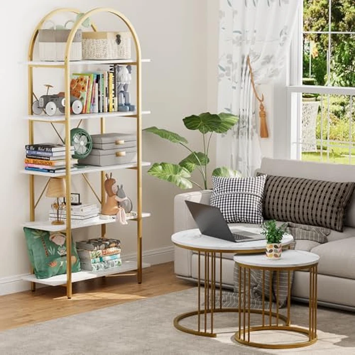 Arbuxzuy Arched Bookshelf 5 Tier Book Shelf, 31.5 Inch Width Industrial Arch Bookcase, Curved Tall Bookshelf with Open Shelves for Home Office, Living Room, Bedroom, Gold by Arbuxzuy - Image 3