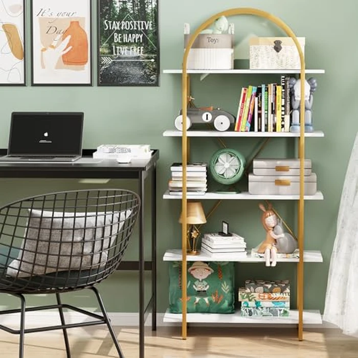 Arbuxzuy Arched Bookshelf 5 Tier Book Shelf, 31.5 Inch Width Industrial Arch Bookcase, Curved Tall Bookshelf with Open Shelves for Home Office, Living Room, Bedroom, Gold by Arbuxzuy - Image 5