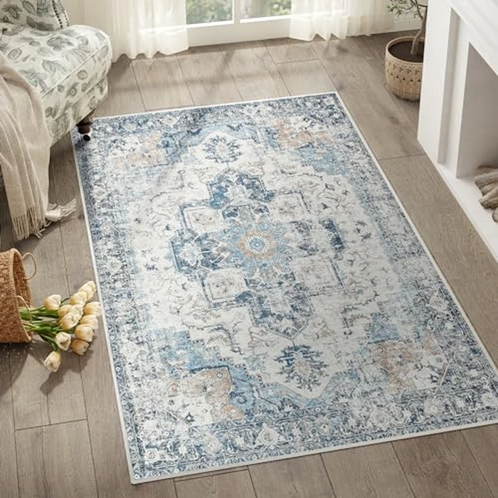 JINCHAN Area Rug 3x5 Washable Rug Vintage Rug Indoor Floor Cover Distressed Carpet Blue Thin Rug Chenille Mat Accent Rug Lightweight for Kitchen Bathroom Living Room Bedroom Dining Room by jinchan - Used - Very Good condition - CA$32.73