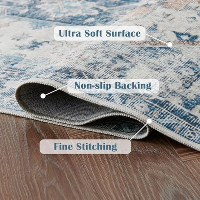 JINCHAN Area Rug 3x5 Washable Rug Vintage Rug Indoor Floor Cover Distressed Carpet Blue Thin Rug Chenille Mat Accent Rug Lightweight for Kitchen Bathroom Living Room Bedroom Dining Room by jinchan - Image 2