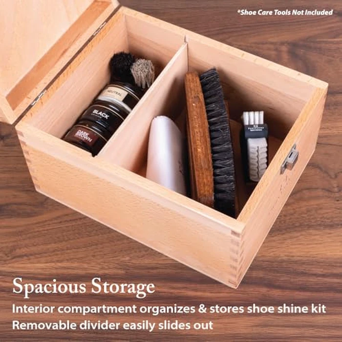 FootFitter Beech Wood Valet Box, Premium Shoe Shine Organizer with Classic Storage for Polish, Brushes, Cloths & Tools (Shoe Care Tools Not Included) by FootFitter - Image 3