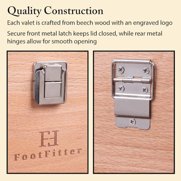 FootFitter Beech Wood Valet Box, Premium Shoe Shine Organizer with Classic Storage for Polish, Brushes, Cloths & Tools (Shoe Care Tools Not Included) by FootFitter - Image 5