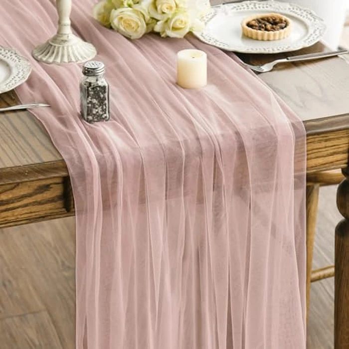 Artoid Mode 3PCS Dusty Rose Gauze Table Runner 120 Inch 10FT, Seasonal Sheer Chiffon Cheesecloth Kitchen Dining Holiday Birthday Table Decor for Home Party by Artoid Mode - Used - Like New condition - CA$17.77