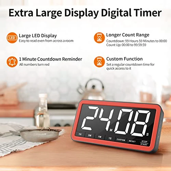 VOCOO Digital Kitchen Timer with 7.8” Extra Large Display, Magnetic LED, with 3 Brightness, 4 Alarms and 3 Volume Levels, Battery Powered Countdown Count Up Timer for Cooking, Classroom, Home Gym by VOCOO - Image 2
