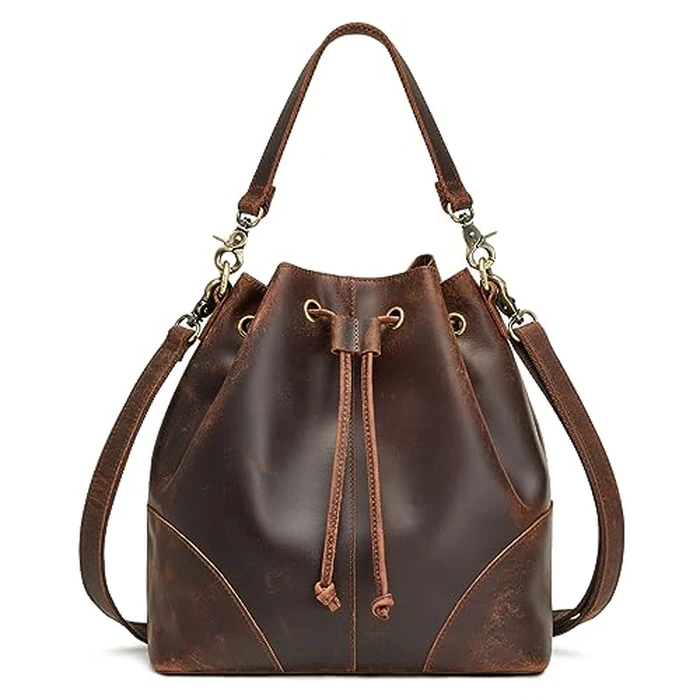S-ZONE Genuine Leather Bucket Bags for Women Drawstring Crossbody Purses Shoulder Top Handle Handbags with 2 Straps by S-ZONE - Used - Like New condition