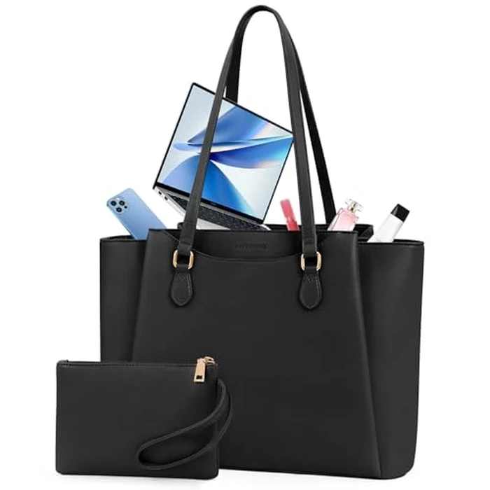 RAINSMORE Laptop Bags for Women 15.6 Inch Work Tote Bags Womens Laptop Purse Waterproof PU Leather Laptop Briefcase for Office Computer Bag Women Travel Handbag, Black by RAINSMORE - Image 1