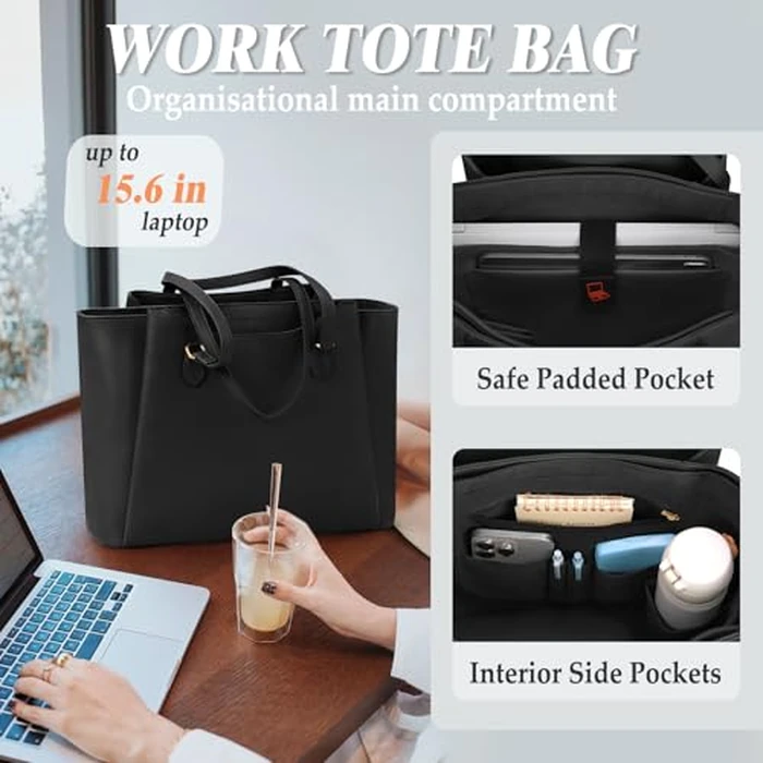 RAINSMORE Laptop Bags for Women 15.6 Inch Work Tote Bags Womens Laptop Purse Waterproof PU Leather Laptop Briefcase for Office Computer Bag Women Travel Handbag, Black by RAINSMORE - Image 3