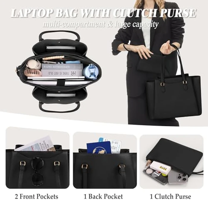 RAINSMORE Laptop Bags for Women 15.6 Inch Work Tote Bags Womens Laptop Purse Waterproof PU Leather Laptop Briefcase for Office Computer Bag Women Travel Handbag, Black by RAINSMORE - Image 4