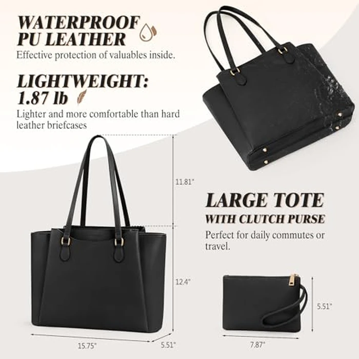 RAINSMORE Laptop Bags for Women 15.6 Inch Work Tote Bags Womens Laptop Purse Waterproof PU Leather Laptop Briefcase for Office Computer Bag Women Travel Handbag, Black by RAINSMORE - Image 5
