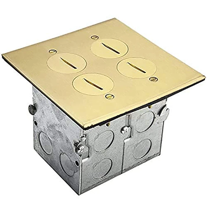 ENERLITES - 705510-C-STICKERED Screw Cap Cover Floor Box kit, 5” x 5” 2-Gang Cover, 20A Tamper-Weather Resistant Receptacle Outlets, Watertight Gasket, Corrosive Resistant Hardware, UL Listed, 975510-C, Brass Brass 2-Gang by ENERLITES - Image 1