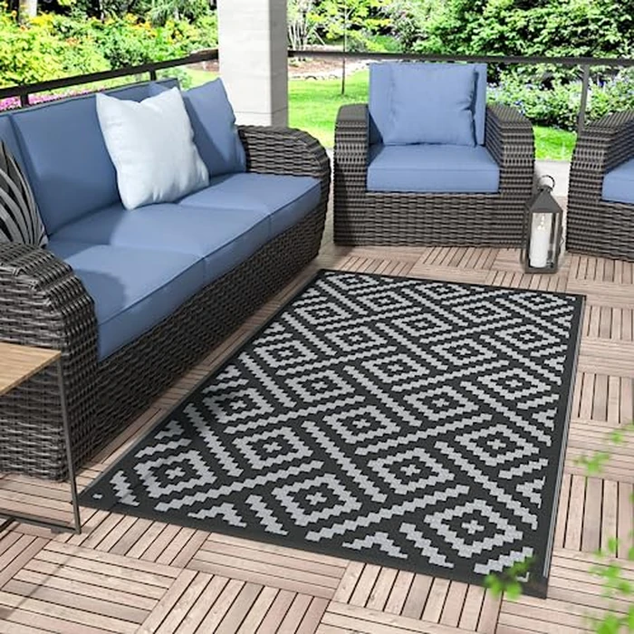 GENIMO Outdoor Rugs 3x5 Waterproof, Reversible Mats, Outdoor Area Rug, Plastic Outside Carpet, Eeometric Rv Mat for Patio Camping Rv Picnic Backyard Deck Balcony Porch Beach Trailer (Black & Grey) by GENIMO - Image 1