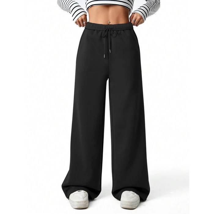 FACDIBY Fleece Lined Sweatpants for Women Wide Leg High Waisted Sweat Pants Baggy Drawstring Sherpa Straight Leg Lounge Pants Black S by FACDIBY - Image 4