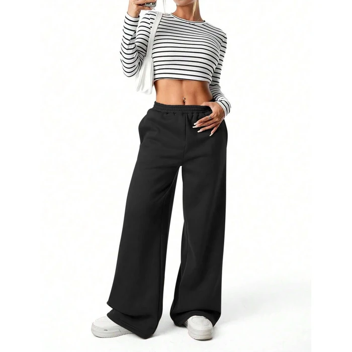 FACDIBY Fleece Lined Sweatpants for Women Wide Leg High Waisted Sweat Pants Baggy Drawstring Sherpa Straight Leg Lounge Pants Black S by FACDIBY - Image 5