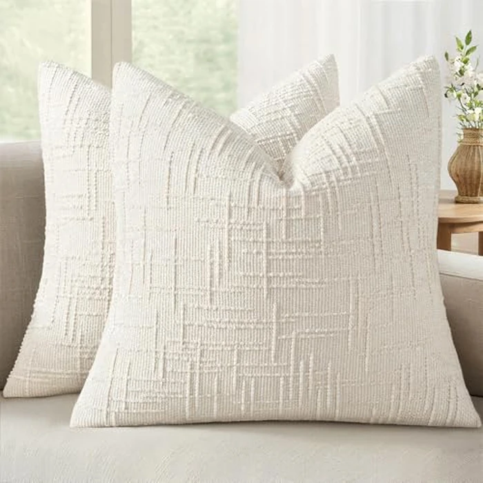 MIULEE Textured Throw Pillow Covers Thick Chenille Decorative Pillows Cream White 20x20 Inch Set of 2 Modern Boho Farmhouse Home Decor Neutral Cushion Covers for Couch Sofa Living Room Bedroom by MIULEE - Used - Like New condition - US$15.28