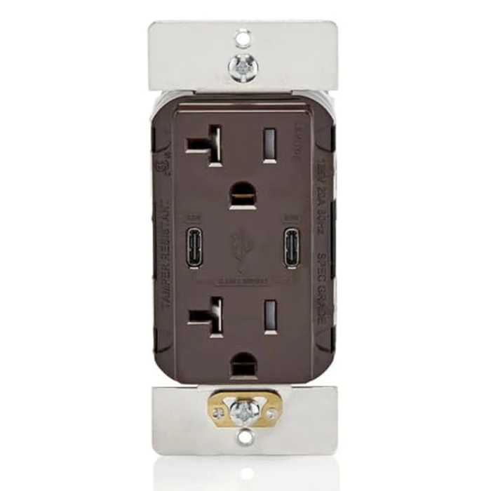 Leviton USB Dual Type C 60W (6 Amp) Receptacle, 20 Amp Tamper-Resistant Outlet, T5836-00B, Brown by Leviton - Image 1