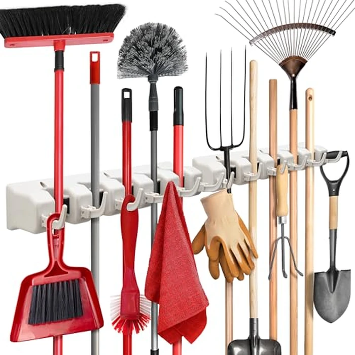 Mop and Broom Holder Wall Mount 2 Pack - Garage Storage Organizer with 5 Slots, 6 Hooks, 7.5lbs Capacity Per Slot - Home, Kitchen, Closet, Laundry Room Organization - Off-White Broom Hanger by Home-it - Used - Like New condition