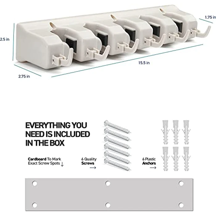 Mop and Broom Holder Wall Mount 2 Pack - Garage Storage Organizer with 5 Slots, 6 Hooks, 7.5lbs Capacity Per Slot - Home, Kitchen, Closet, Laundry Room Organization - Off-White Broom Hanger by Home-it - Image 2