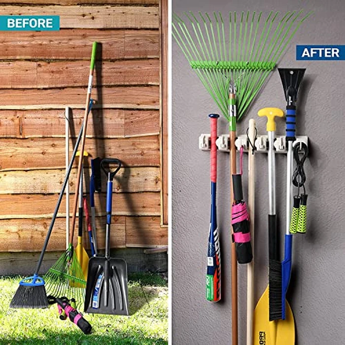 Mop and Broom Holder Wall Mount 2 Pack - Garage Storage Organizer with 5 Slots, 6 Hooks, 7.5lbs Capacity Per Slot - Home, Kitchen, Closet, Laundry Room Organization - Off-White Broom Hanger by Home-it - Image 3