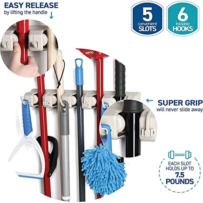 Mop and Broom Holder Wall Mount 2 Pack - Garage Storage Organizer with 5 Slots, 6 Hooks, 7.5lbs Capacity Per Slot - Home, Kitchen, Closet, Laundry Room Organization - Off-White Broom Hanger by Home-it - Image 4