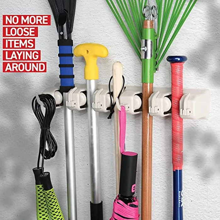 Mop and Broom Holder Wall Mount 2 Pack - Garage Storage Organizer with 5 Slots, 6 Hooks, 7.5lbs Capacity Per Slot - Home, Kitchen, Closet, Laundry Room Organization - Off-White Broom Hanger by Home-it - Image 5