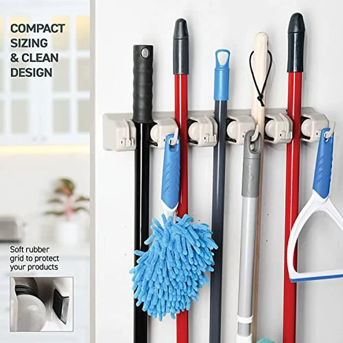 Mop and Broom Holder Wall Mount 2 Pack - Garage Storage Organizer with 5 Slots, 6 Hooks, 7.5lbs Capacity Per Slot - Home, Kitchen, Closet, Laundry Room Organization - Off-White Broom Hanger by Home-it - Image 6