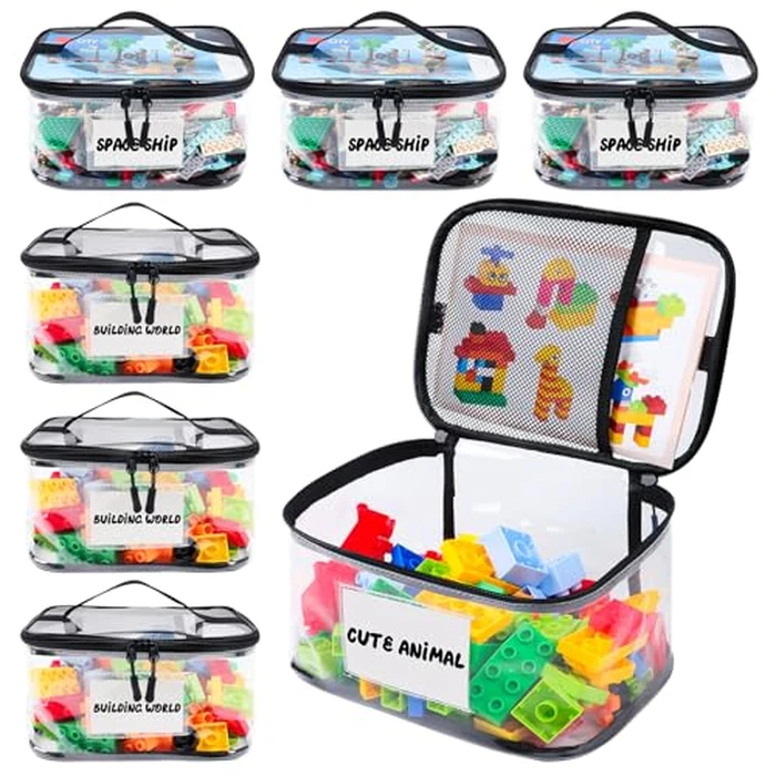 Tesuko 6 Pack Clear Toy Storage Bag with Name Tag& Manual Pocket, Waterproof Transparent PVC Toy Organizer Case for Lego Bricks, Board Games, Building Blocks, Puzzles (Large Capacity, Black) by Tesuko - Image 1