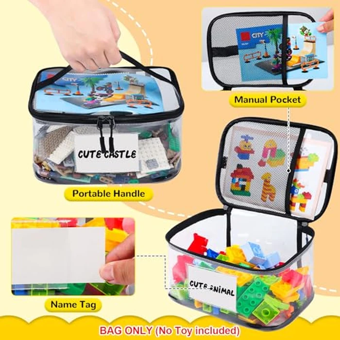Tesuko 6 Pack Clear Toy Storage Bag with Name Tag& Manual Pocket, Waterproof Transparent PVC Toy Organizer Case for Lego Bricks, Board Games, Building Blocks, Puzzles (Large Capacity, Black) by Tesuko - Image 3