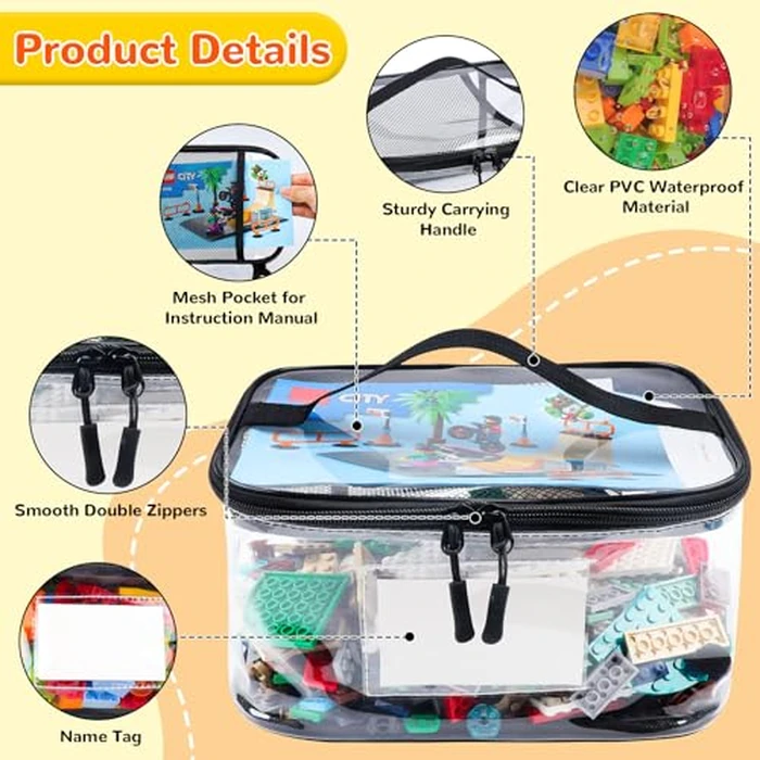 Tesuko 6 Pack Clear Toy Storage Bag with Name Tag& Manual Pocket, Waterproof Transparent PVC Toy Organizer Case for Lego Bricks, Board Games, Building Blocks, Puzzles (Large Capacity, Black) by Tesuko - Image 4