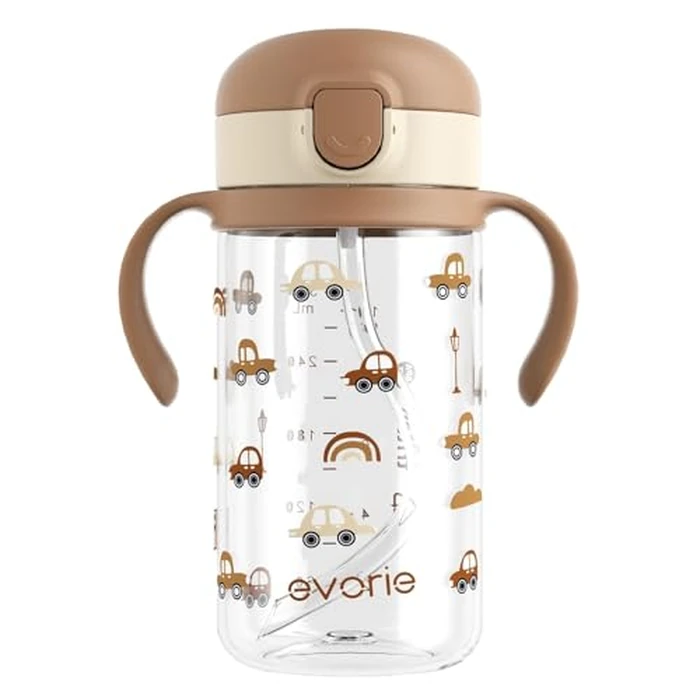 Evorie Tritan Spill Proof Toddler Straw Sippy Cup, 10 oz for Baby and Toddlers 1-3 Years Old, No Spill Straw Water Bottle with Removable Handles, Ideal for School, BPA-Free, Choco Car(NEW) by Evorie - Used - Acceptable condition - CA$17.74