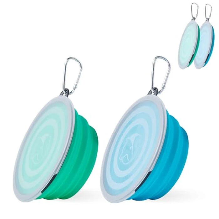 SLSON Dog Bowls Pet Collapsible Bowl with Cover Lids,2 Pack Dog Travel Bowls Portable Foldable Cat Water Dish Bowl for Pets Walking Parking Camping (Light Blue and Green, Medium) by SLSON - Used - Very Good condition - US$8.90