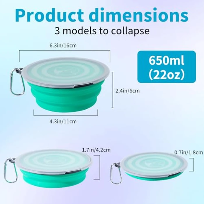 SLSON Dog Bowls Pet Collapsible Bowl with Cover Lids,2 Pack Dog Travel Bowls Portable Foldable Cat Water Dish Bowl for Pets Walking Parking Camping (Light Blue and Green, Medium) by SLSON - Image 3