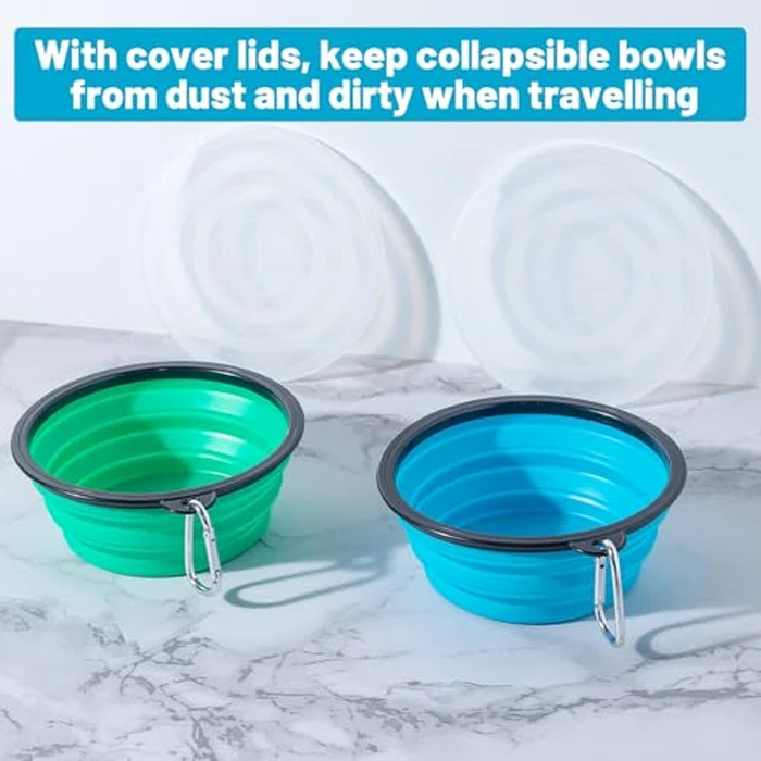 SLSON Dog Bowls Pet Collapsible Bowl with Cover Lids,2 Pack Dog Travel Bowls Portable Foldable Cat Water Dish Bowl for Pets Walking Parking Camping (Light Blue and Green, Medium) by SLSON - Image 4