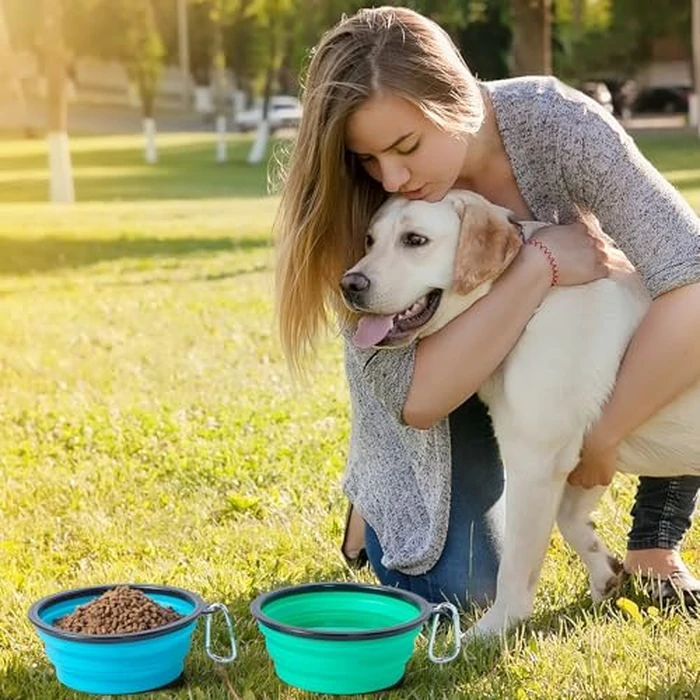 SLSON Dog Bowls Pet Collapsible Bowl with Cover Lids,2 Pack Dog Travel Bowls Portable Foldable Cat Water Dish Bowl for Pets Walking Parking Camping (Light Blue and Green, Medium) by SLSON - Image 5