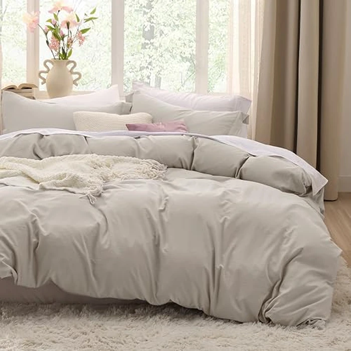 Bedsure Oversized Queen Duvet Cover - 3 Pieces Prewashed Cotton-Like Polyester Extra Soft Bedding Set, Includes 1 Duvet Cover 98x98 Inches with Zipper Closure & 2 Pillow Shams, Linen, No Comforter by Bedsure - Image 1