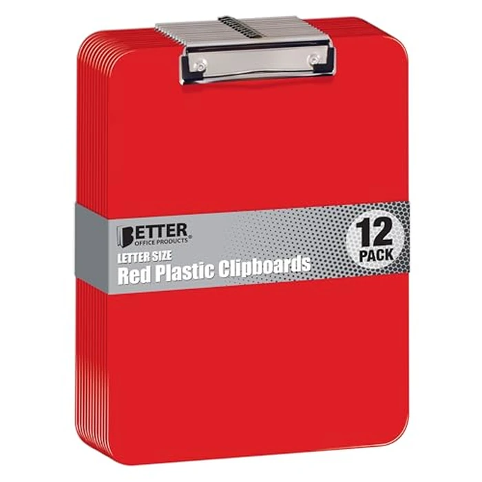 Better Office Products Red Plastic Clipboards, 12 Pack, Durable, 12.5 x 9 Inch, Low Profile Clip, Red, Set of 12 by Better Office Products - Used - Acceptable condition - US$16.16