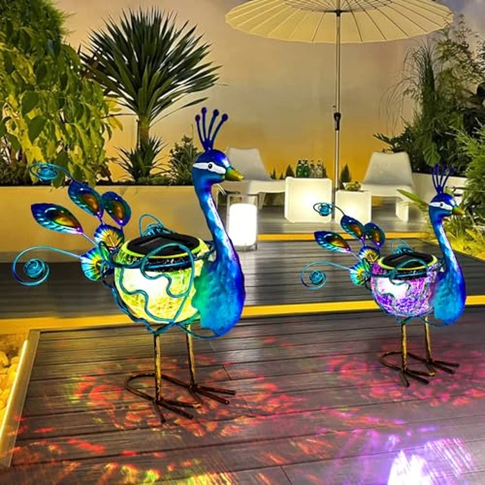 HONGLAND Solar Peacock Statue Light, Solar Animal LED Lights Outdoor, Solar Power Figurine Waterproof Metal Peacock Yard Art for Pathway Patio Backyard Decoration Lawn Ornaments, Peacock Blue by HONGLAND - Image 2