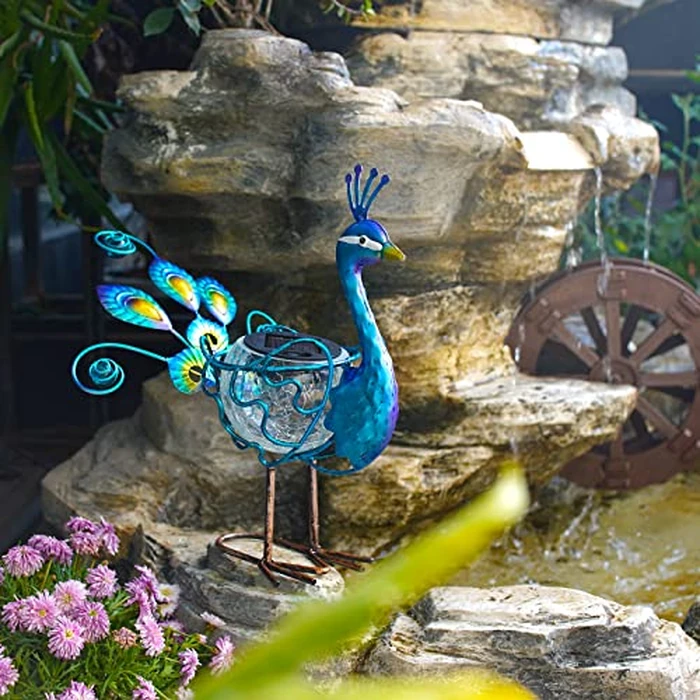 HONGLAND Solar Peacock Statue Light, Solar Animal LED Lights Outdoor, Solar Power Figurine Waterproof Metal Peacock Yard Art for Pathway Patio Backyard Decoration Lawn Ornaments, Peacock Blue by HONGLAND - Image 4