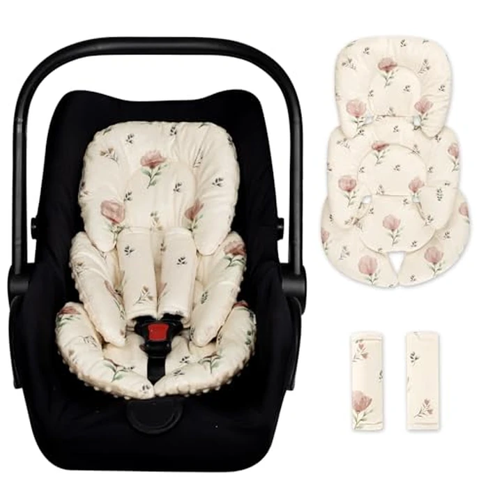 Infant Car Seat Insert with 2 Strap Pads, Super Soft Carseat Head and Body Support for Baby Boys and Girls, Reversible Newborn Car Seat Insert Cushion for Strollers, Bouncers, Swing, Simple Flowers by SWESEN - Image 1
