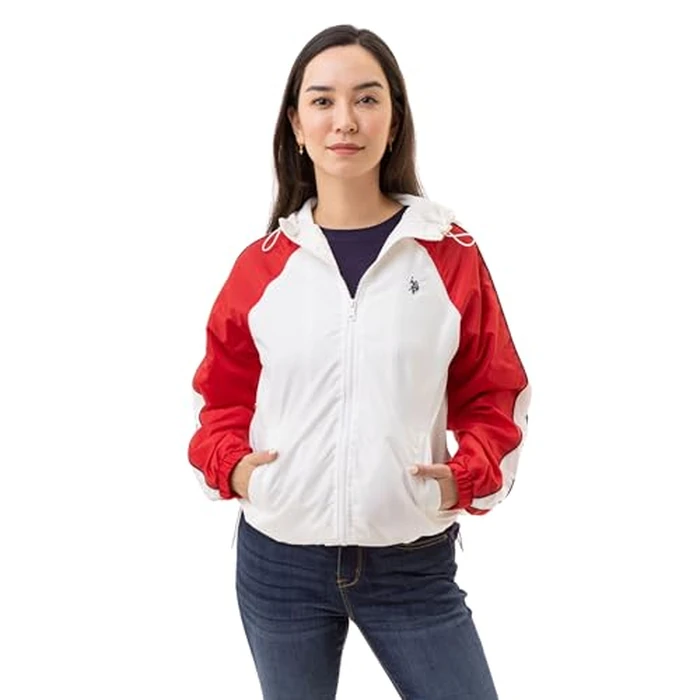 U.S. POLO ASSN. Women's Hooded Raglan Sleeve Varsity Windbreaker W/Piping Poly Mesh Lining, White, X-Large by U.S. POLO ASSN. - Image 1