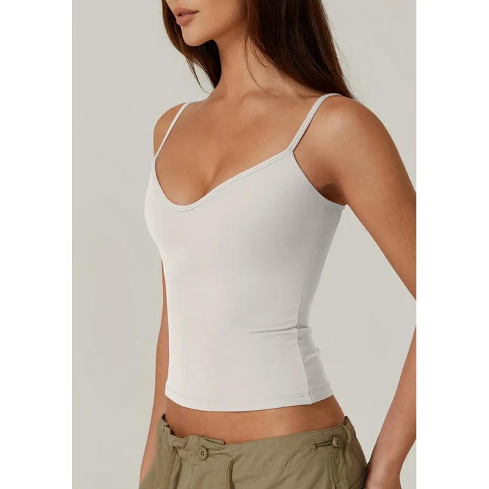 QINSEN Women's Bodycon Spaghetti Strap Crop Top V Neck Going Out Camisole Tank for Summer White S by QINSEN - Image 1