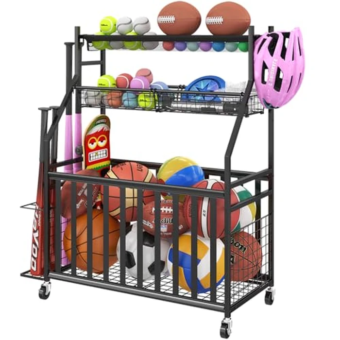 Jsskeeim Garage Sports Equipment Organizer,Sports Ball Organizer with Wheels,Mesh Pocket, Basket,Ball Organizer with Baseball Bat Rack and HooksToy Storage Rolling Cart-Black by Jsskeeim - Used - Very Good condition